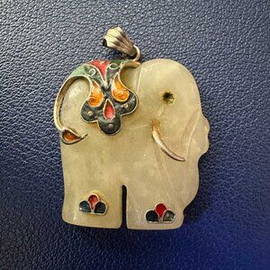 Vintage White Jade Elephant Pendant with Enamel Detail